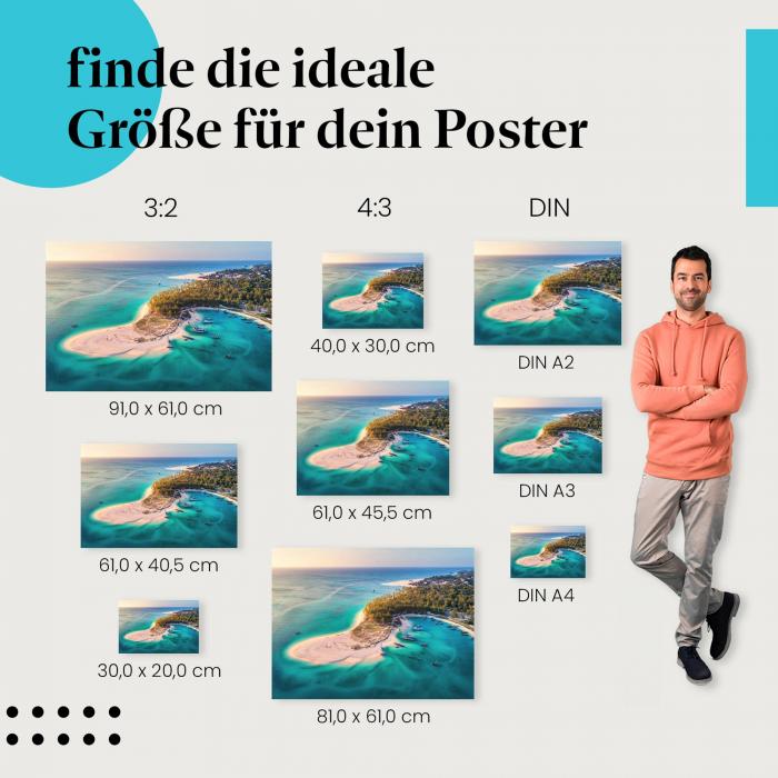 Insel, Poster: Strand, Palmen, türkisblau, Boote.