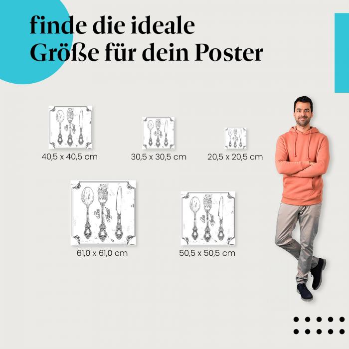 Finde die ideale Größe: Menükarte: Vintage-Besteck, Spaghetti, elegant.