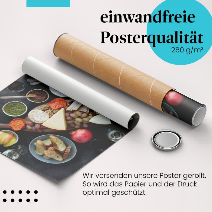 Gerolltes Poster "Käseplatte". Genuss & Abendessen, sicher verpackt.