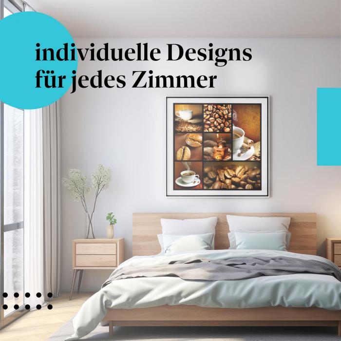 Schlafzimmer Deko: Modernes Zimmer mit "Kaffeevielfalt" Poster. Wanddeko für Kaffee-Fans.