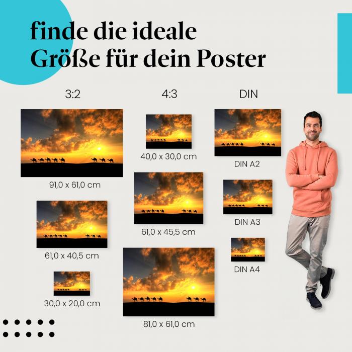 "Karawane im Sonnenuntergang: Reise durch die Wüste": Poster - Kamel, Abenteuer & Freiheit
