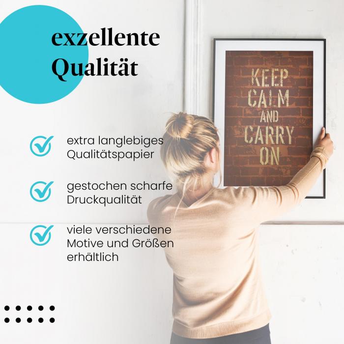 "Keep Calm and Carry On": Gerahmtes Wandbild - Graffiti an Ziegelwand.