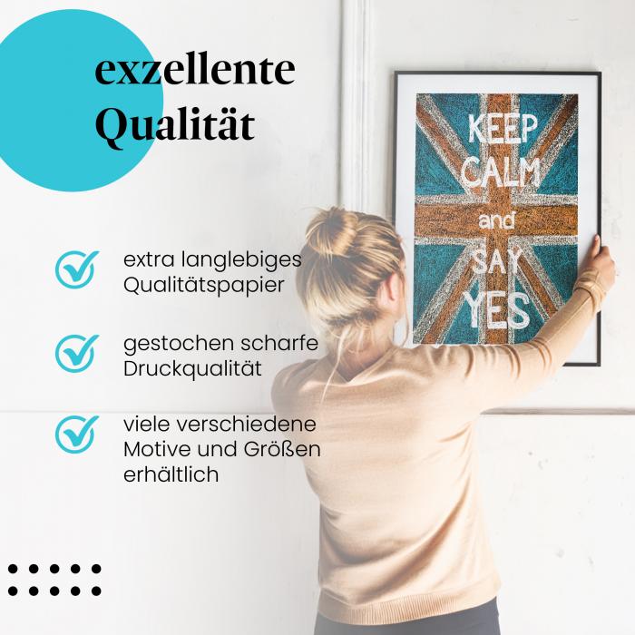 Gerahmtes Bild "Keep Calm and Say Yes". Britische Flagge, Kreideschrift.