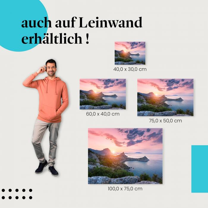 Sonnenaufgang am Meer: Leinwandbild. Felsen, warmes Licht, atemberaubende Landschaft.