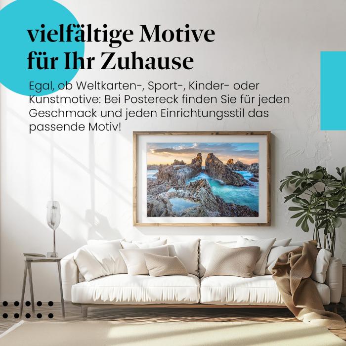 Leinwandbild "Felsen & Meer": Türkisblaues Wasser, Sonnenaufgang - faszinierend!