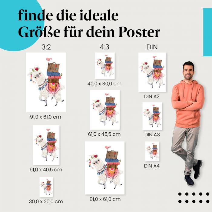Lama, Poster: Blumenkranz, Reisegepäck, Vogel.