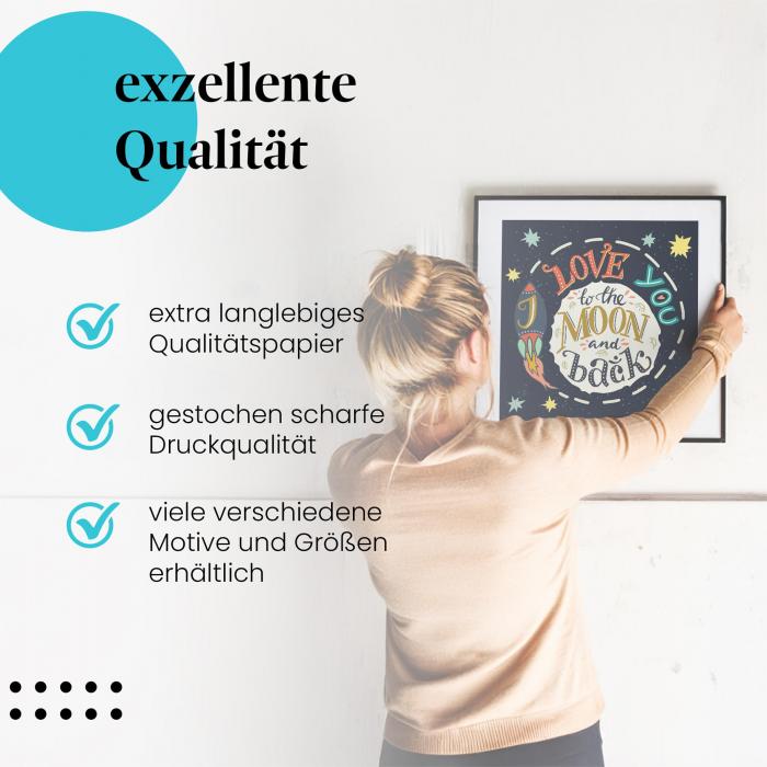 Gerahmtes Bild "Mond & Liebe". Typografie mit Rakete, Liebeserklärung.