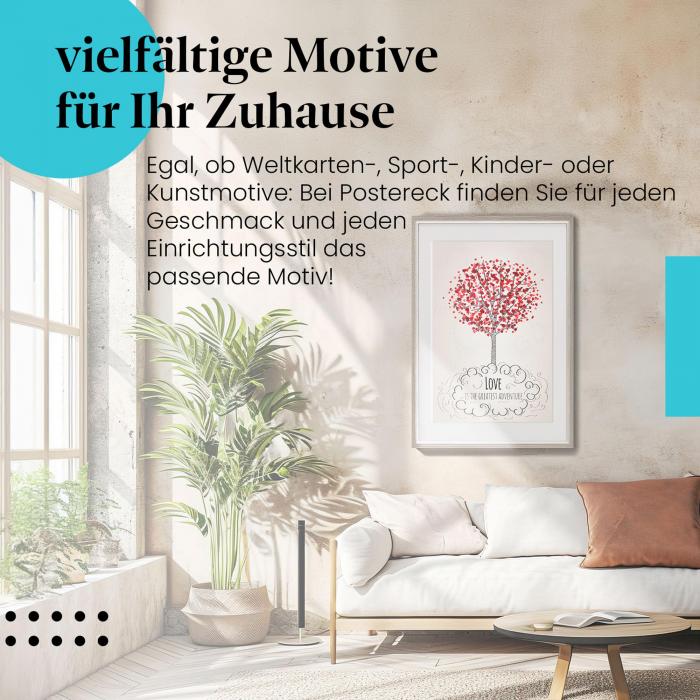 Leinwandbild "Baum mit Herzen": "Liebe ist das größte Abenteuer" - ein romantisches Motiv.