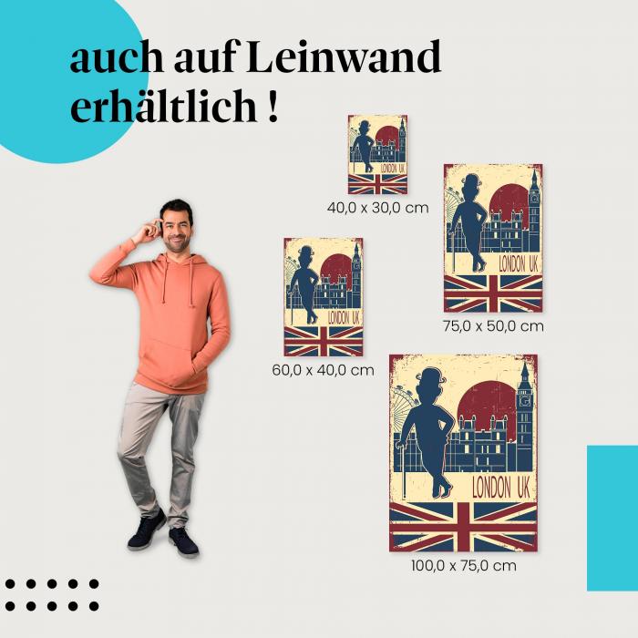"London Sehenswürdigkeiten - Retro-Poster" Leinwandbild. Finde die ideale Größe für dein Zuhause & setze Akzente mit Kunst!
