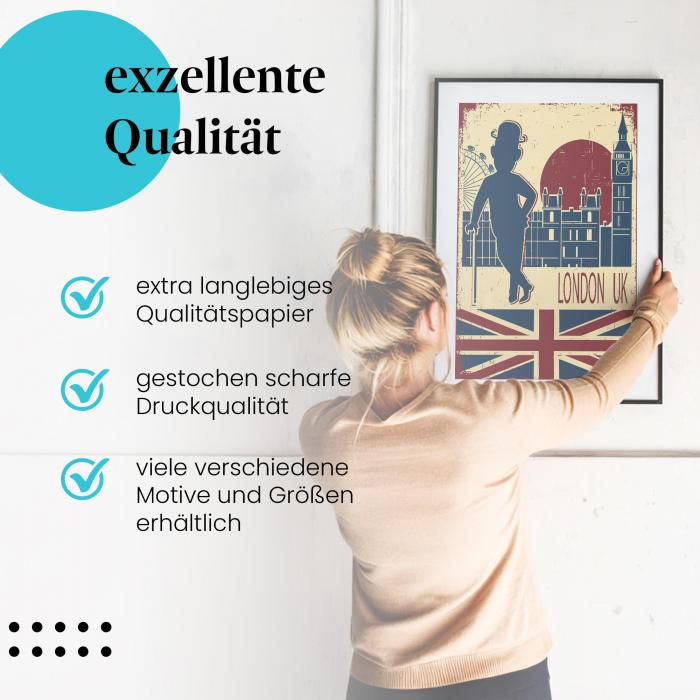 Gerahmtes Wandbild "London, Sehenswürdigkeiten, Retro". Hochwertiger Druck, verschiedene Größen erhältlich.