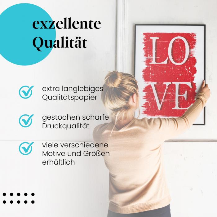 Gerahmtes Bild "Love". Schriftzug in Weiß, roter Hintergrund, Vintage-Stil.
