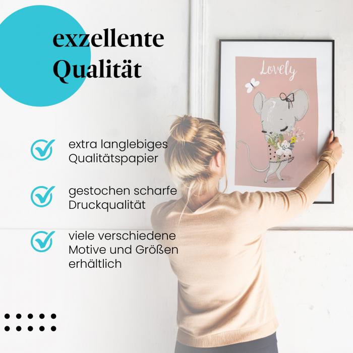 Gerahmtes Bild "Maus mit Blumenstrauß", wundervolles Motiv in hoher Qualität, verschiedene Formate verfügbar.