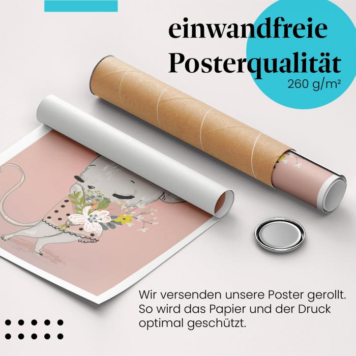Gerolltes Poster "Maus mit Blumen", bezauberndes und charmantes Motiv. Hochwertiger Druck, sicher verpackt.