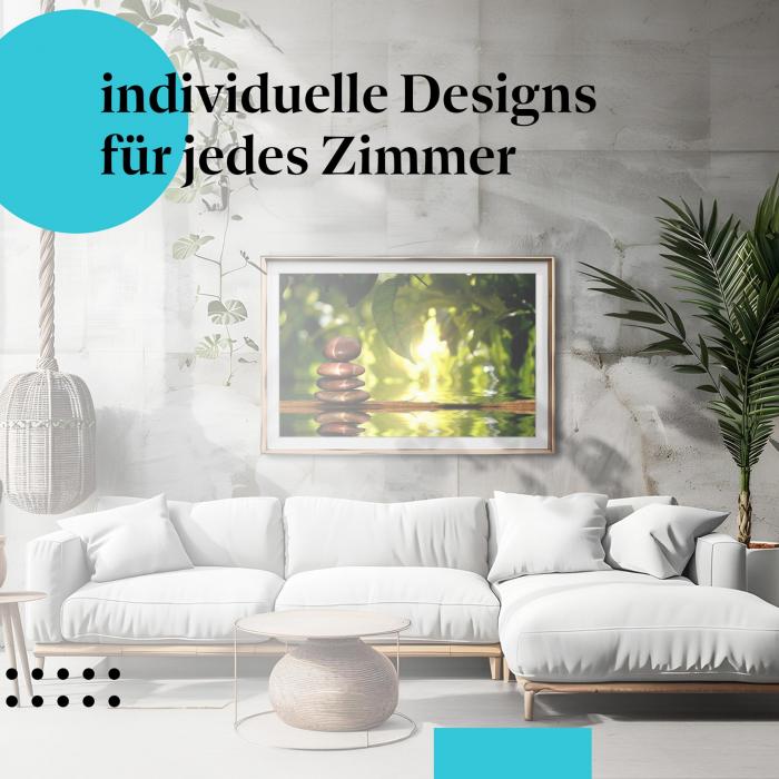 Schlafzimmer Deko: "Meditation am See" Poster im minimalistischen Schlafzimmer. Wanddeko für Entspannung.