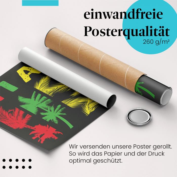 Gerolltes Poster "Miami Vibes". Sommerliches Palmen-Design, sicher verpackt.