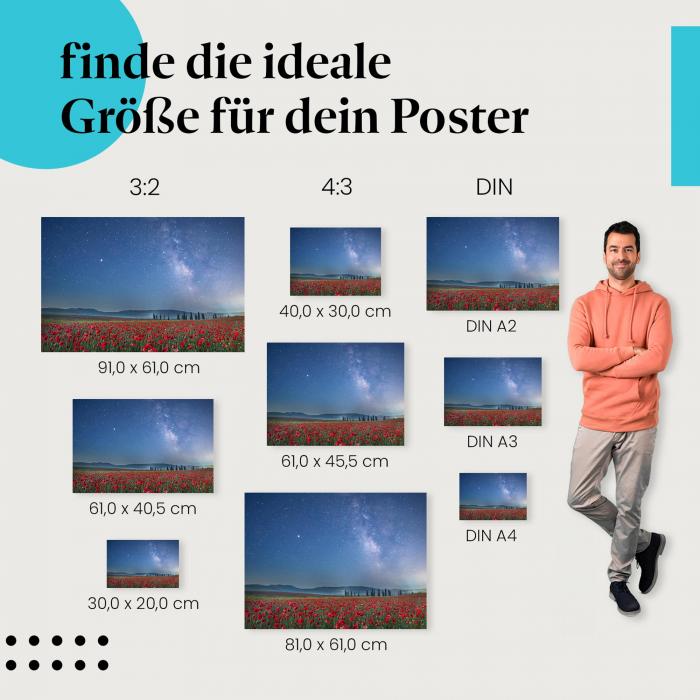Mohnblumen, Poster: Sternenhimmel, Milchstraße, Nacht.