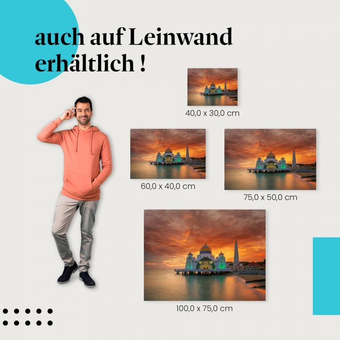 Moschee: Leinwandbild. Stelzen, Wasser, Sonnenuntergang.