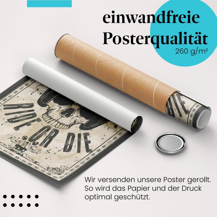 Gerolltes Poster "Ride or Die" - Biker-Motiv, sicher verpackt.