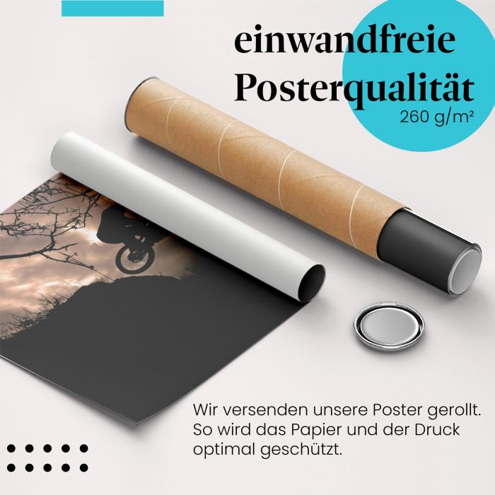 "Mountainbiker springt": Gerolltes Poster - Adrenalinrausch, Felsen.