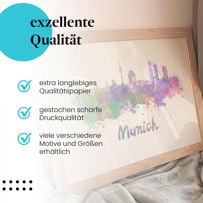 "München Skyline": Gerahmtes Wandbild - Aquarell-Stil.