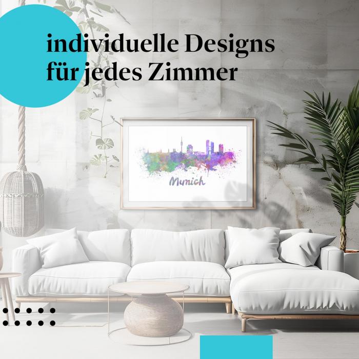 München Poster: "München Skyline" - Aquarellmalerei & Farbspritzer