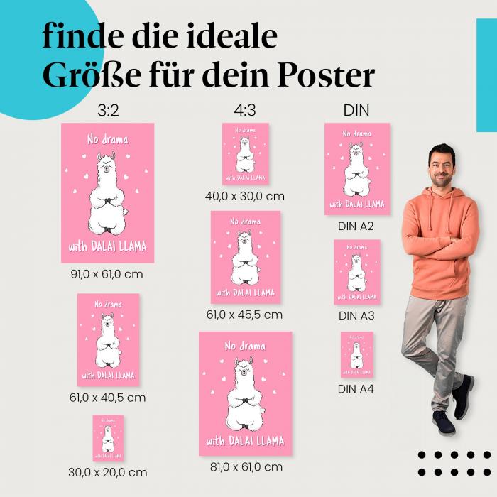 Finde die ideale Postergröße: Lama, Meditation, "No Drama...", rosa Hintergrund.