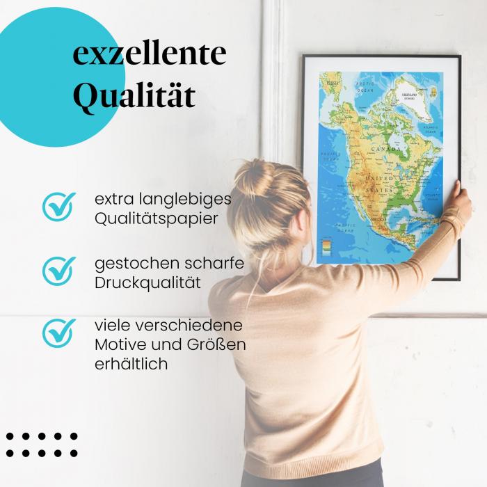 Gerahmtes Wandbild: Nordamerika Karte, Länder, Städte und Flüsse, hochwertige Druckqualität. Verschiedene Größen erhältlich.