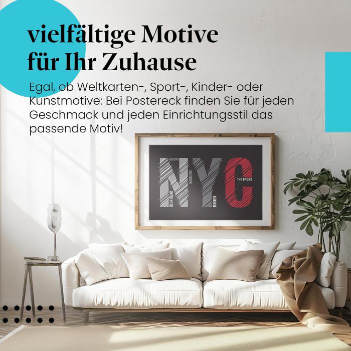 "NYC & Stadtteile" Leinwandbild: Modernes Typografie Design in rot, grau und weiß.