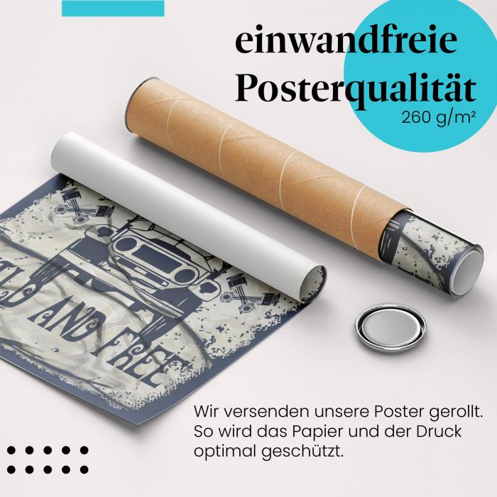Gerolltes Poster "Old American Car" mit Geländewagen. Nostalgisches Motiv, sicher verpackt.