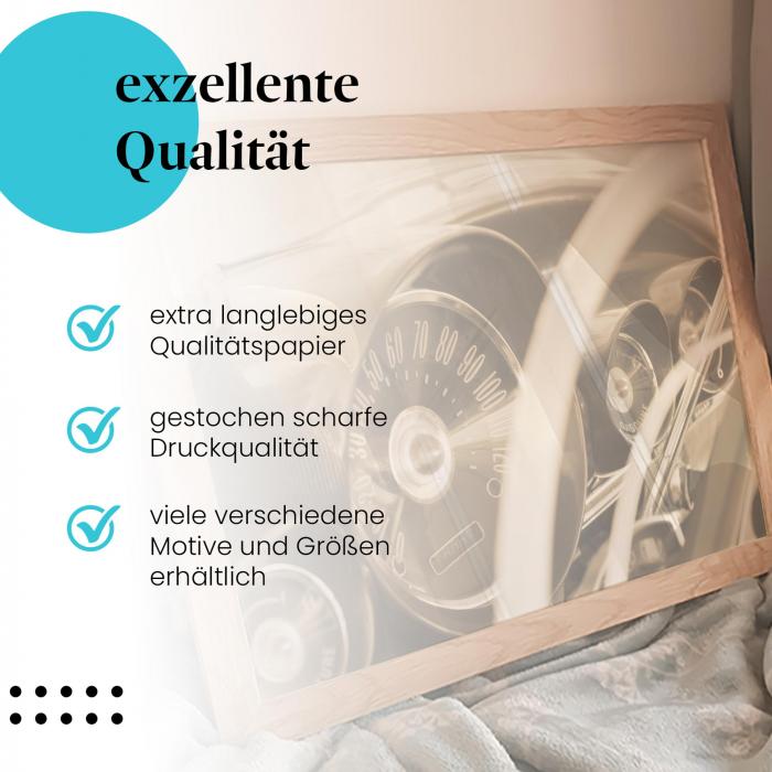 Gerahmtes Wandbild "Auto Armaturenbrett". Hochwertiger Druck, langlebiges Papier, verschiedene Größen.