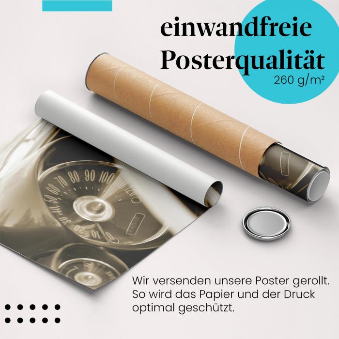 "Auto Armaturenbrett": Gerolltes Poster, Oldtimer, Tachoanzeige. Sicher verpackt.