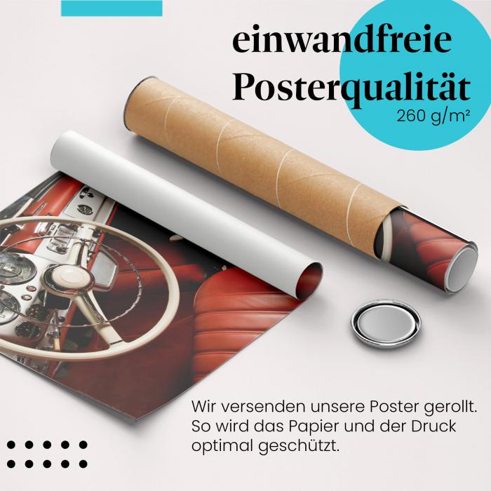"Oldtimer Interieur": Gerolltes Poster, rotes Leder, Chromdetails. Sicher verpackt.