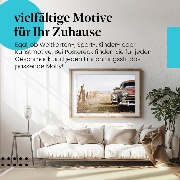 Leinwandbild "Rost und Nostalgie: Zwei alte Autos am Wegesrand". Nostalgische Wanddeko für Vintage-Liebhaber.
