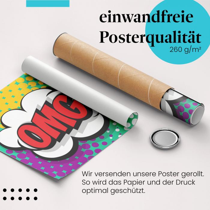 Gerolltes Poster "OMG", Frau, Pop Art, überrascht.