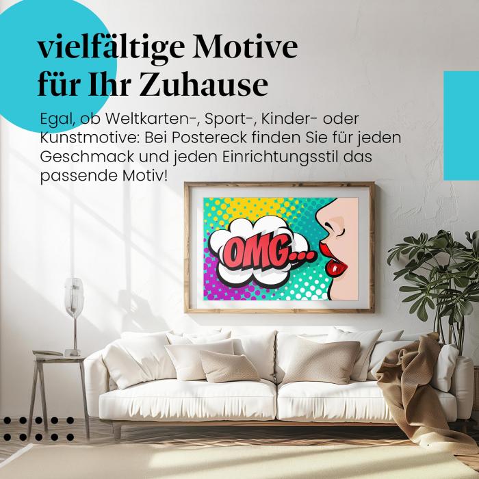 Stylisches Leinwandbild: OMG! - Überraschte Frau im Pop Art Stil.
