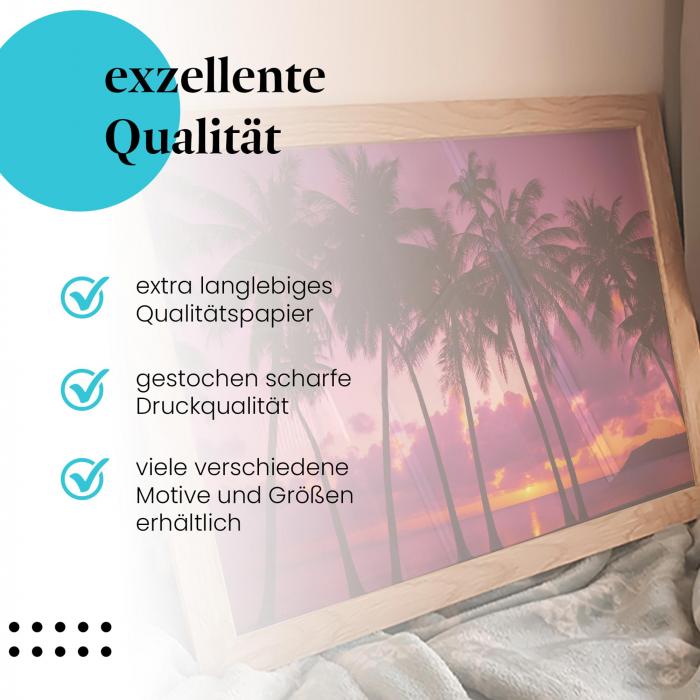 Gerahmtes Wandbild "Sonnenuntergang, Palmenstrand", langlebiges Papier, verschiedene Größen erhältlich.