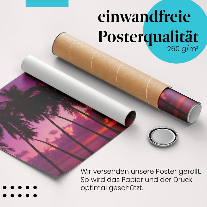 Gerolltes Poster "Sonnenuntergang, Palmenstrand", magisch.