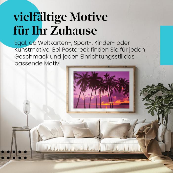 Leinwandbild Palmenstrand: Magischer Sonnenuntergang am Palmenstrand in Lilatönen.
