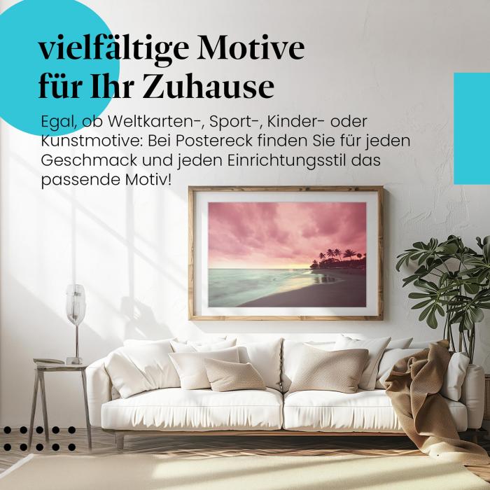 Dieses Leinwandbild mit dem Sonnenuntergang am Strand versprüht Urlaubsfeeling und Romantik.