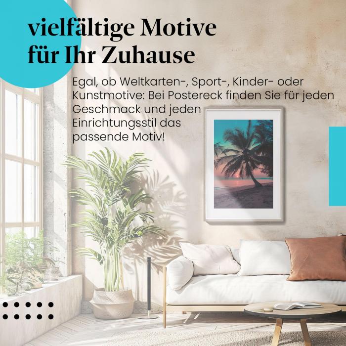 Leinwandbild "Palmenstrand": Sonnenuntergang, warme Farben - Romantik & Urlaubsfeeling.