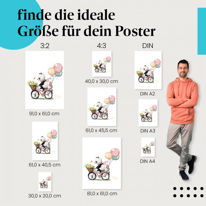 Panda, Poster: Fahrrad, Geschenke, Ballons.