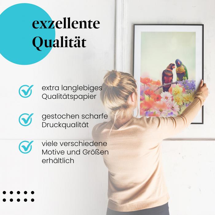"Liebe liegt in der Luft": Gerahmtes Wandbild - Papageien.