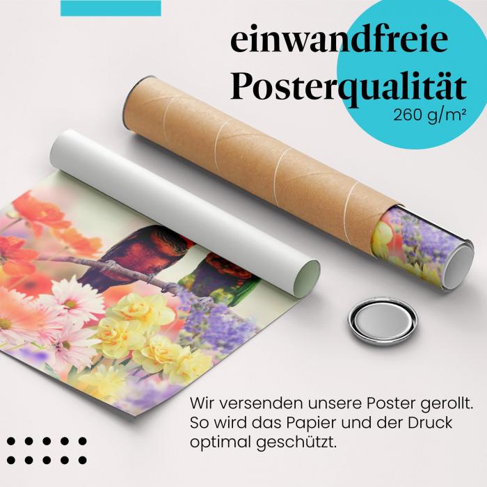 "Papageienpaar": Gerolltes Poster, Liebe, Blumen.