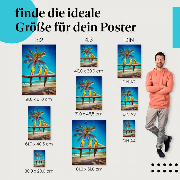 Finde die ideale Postergröße: Papageien auf Ast, Palmen, türkisblaues Meer - Traumstrand!