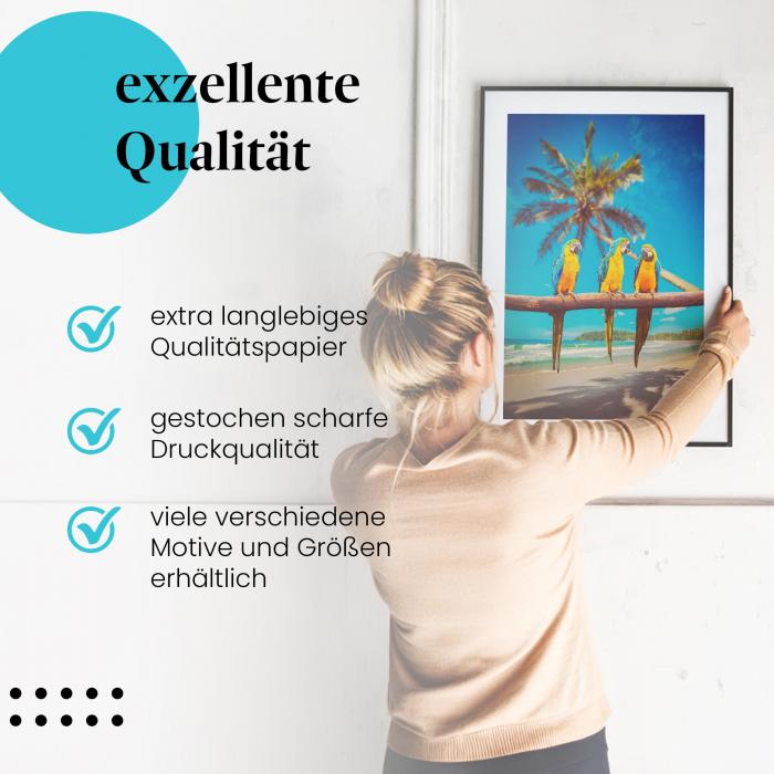 Gerahmtes Bild "Papageienparadies" - Papageien, Palmen & Meer, exotisch.