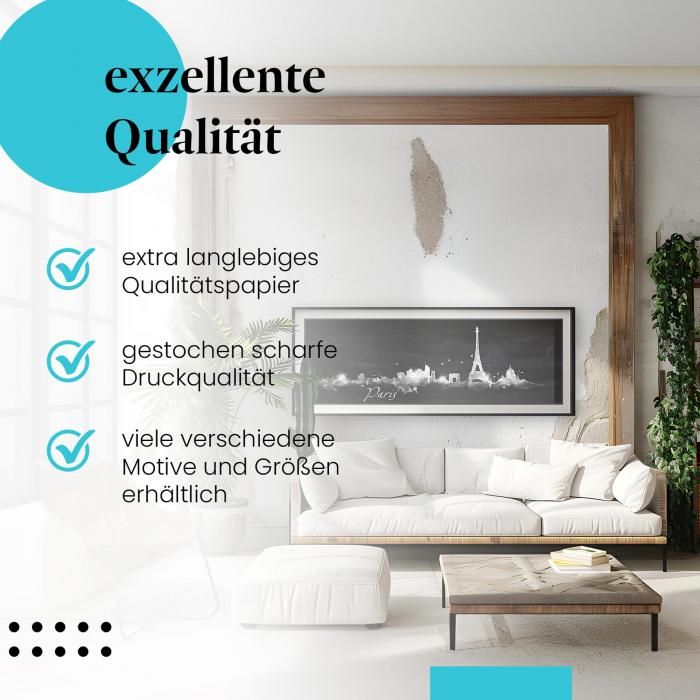Gerahmtes Wandbild "Paris Skyline, Schwarz-Weiß", langlebiges Papier, verschiedene Größen erhältlich.