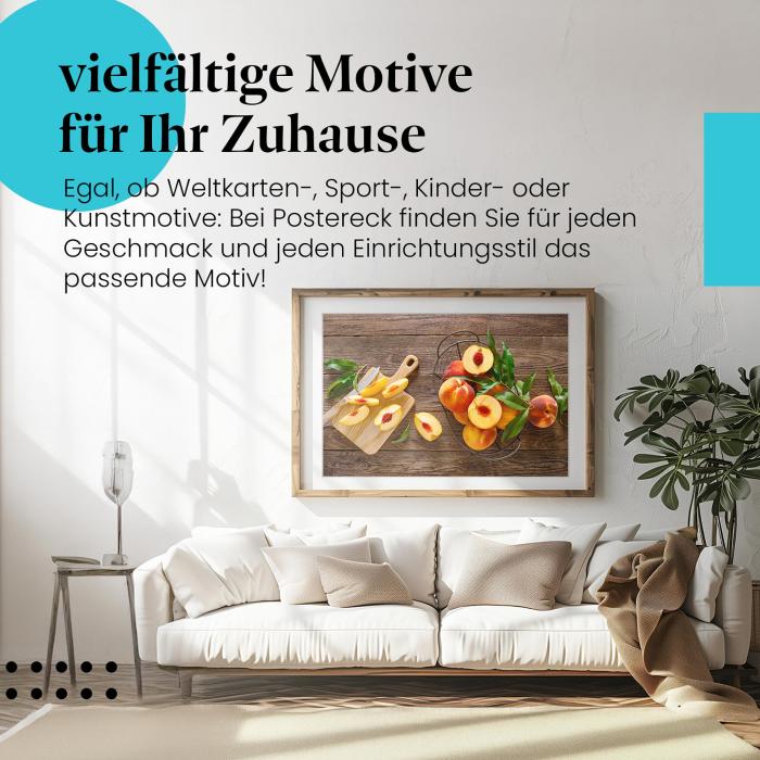 Leinwandbild "Pfirsiche": Korb, Holz, Sommer - fruchtiger Genuss!