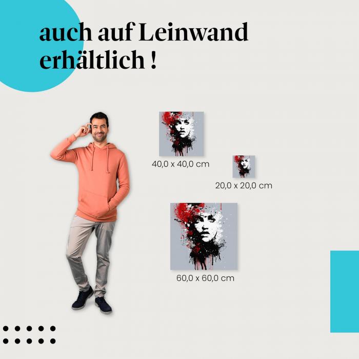 Ausdrucksstarkes Frauenportrait mit roten und schwarzen Farbspritzern auf grauem Hintergrund als Leinwandbild.