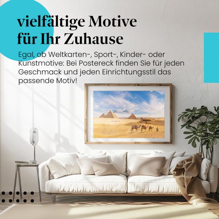 Gerahmtes Bild "Pyramiden von Gizeh" - Wüste, Kamele, Ägypten.
