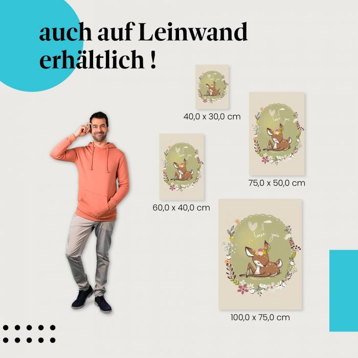 Reh: Leinwandbild. "I love you", Blumenkranz, romantisch.